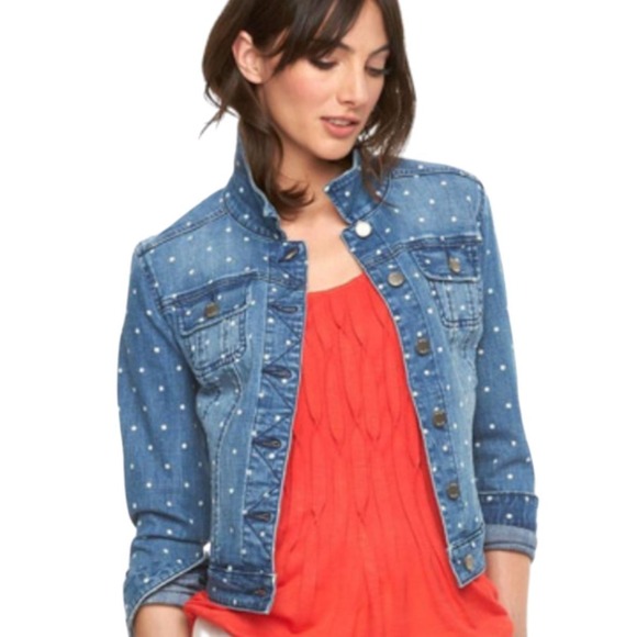 Elle Jackets & Blazers - ELLE Polka Dot Cotton Denim Jacket Womens XL Blue White Stretch Jean Trucker